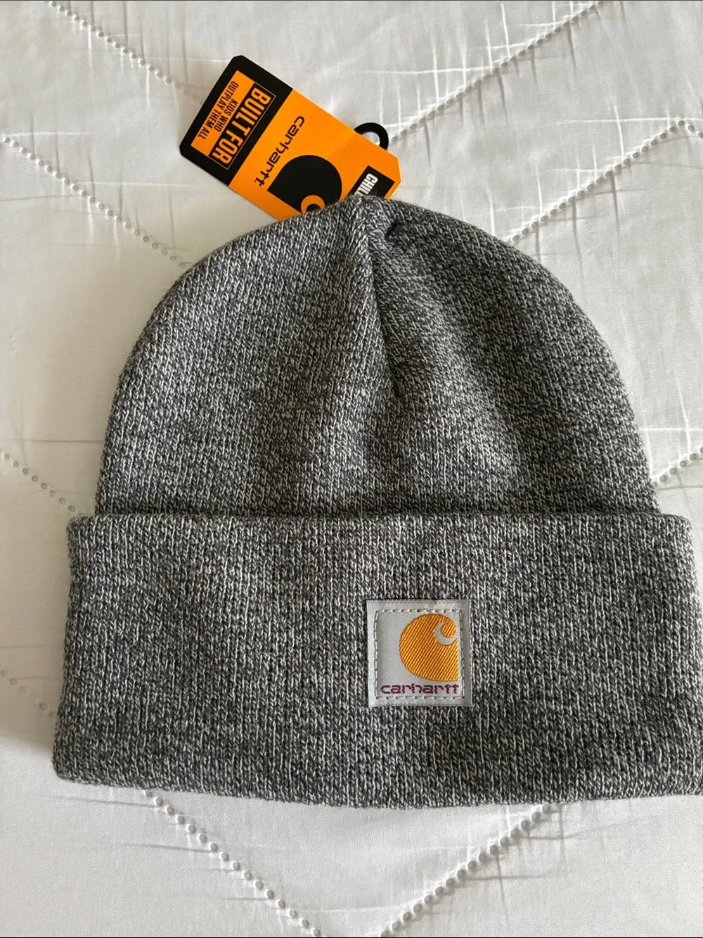 Carhartt Youth Gray Heather Knit Cuffed Beanie with Yellow Logo Patch
